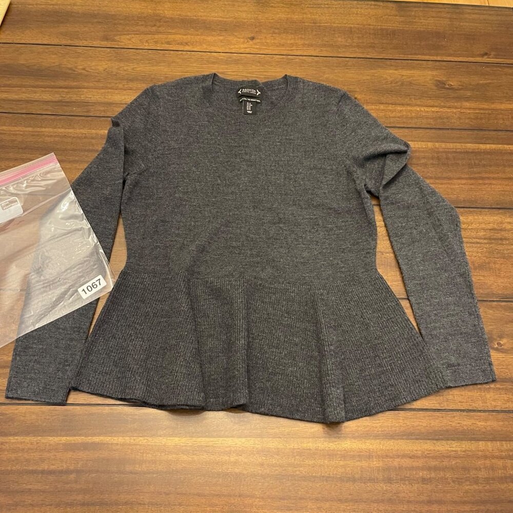 Nanette Lepore Gray Long-Sleeve Peplum Sweater Womens Med Extra fine merino Wool - Picture 11 of 12